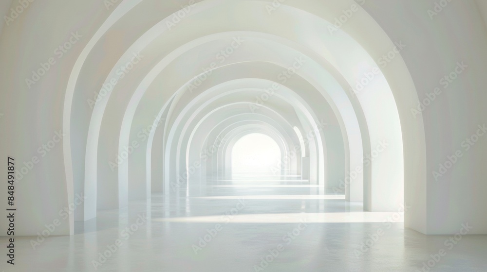 A long, narrow, white hallway with a large archway in the middle A long, narrow, white hallway with a large archway in the middle