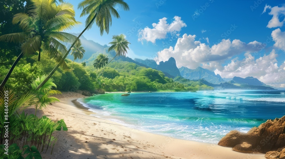 Sunny summer white sand beach with palms, sea and tropical island Sunny summer white sand beach with palms, sea and tropical island