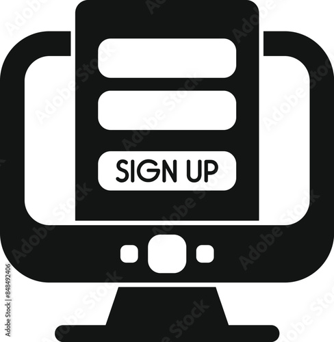 Black glyph icon for online registration form being displayed on a desktop computer screen