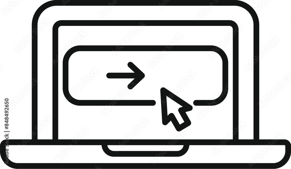 Line drawing of a computer user clicking a right arrow button on a laptop screen Line drawing of a computer user clicking a right arrow button on a laptop screen