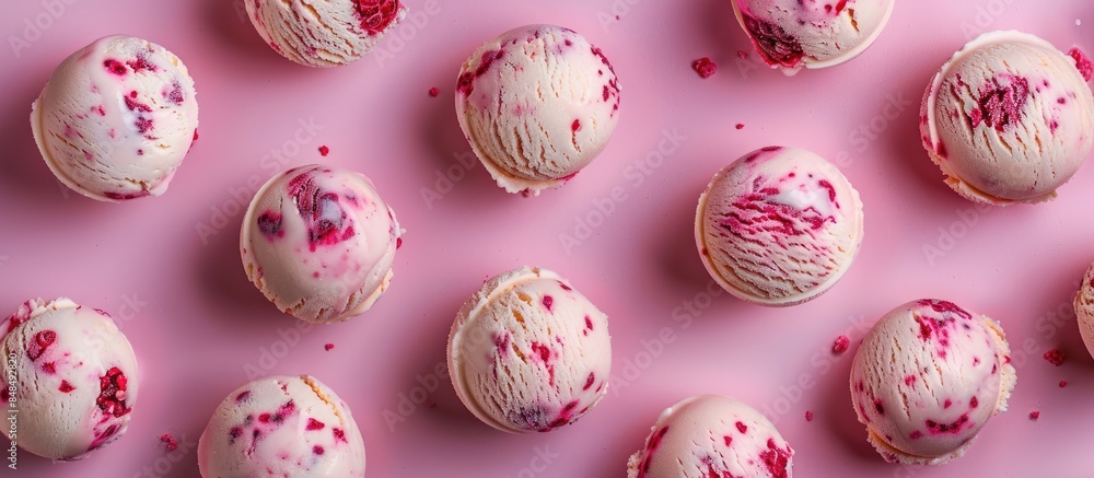 Vanilla and raspberry ice cream balls on a pink background, top-down view. Vanilla and raspberry ice cream balls on a pink background, top-down view.
