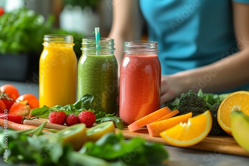 Freshly made fruit and vegetable smoothies. Vibrant and healthy natural drinks, perfect for promoting wellness and fitness. Ideal for nutrition and health-conscious marketing materials. photo