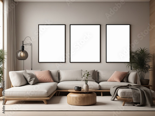 Modern living room interior mock up poster frame, modern interior background, living room, minimalistic style, 3D render, 3D illustration