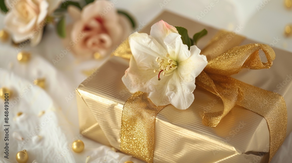 Fototapeta A gold gift box with a flower on a white backdrop