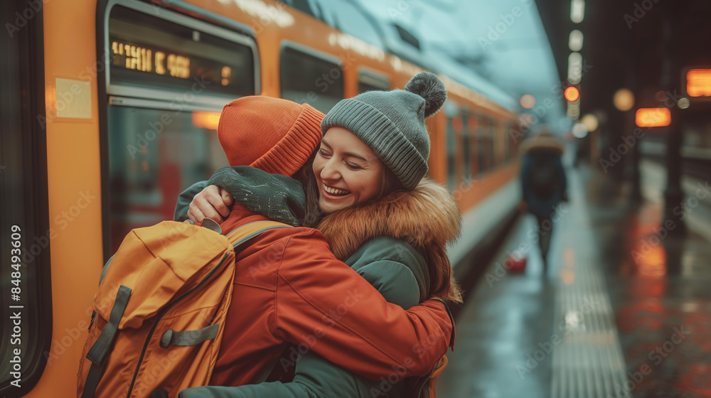 Emotional reunion at train station. Two friends joyfully hug on a wet platform, conveying warmth and connection. Ideal for travel and lifestyle promotions, and editorial features Emotional reunion at train station. Two friends joyfully hug on a wet platform, conveying warmth and connection. Ideal for travel and lifestyle promotions, and editorial features
