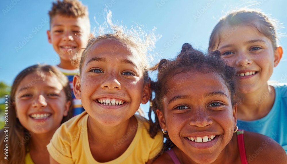 Happy group of children smiling and playing outdoors on a sunny summer day- AI generated digital art Happy group of children smiling and playing outdoors on a sunny summer day- AI generated digital art