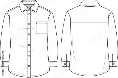 Women's Basic Shirt- Technical fashion illustration. Front and back, white color. Women's CAD mock-up.