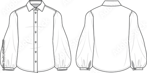 Women's Balloon Sleeve Shirt- Technical fashion illustration. Front and back, white color. Women's CAD mock-up.