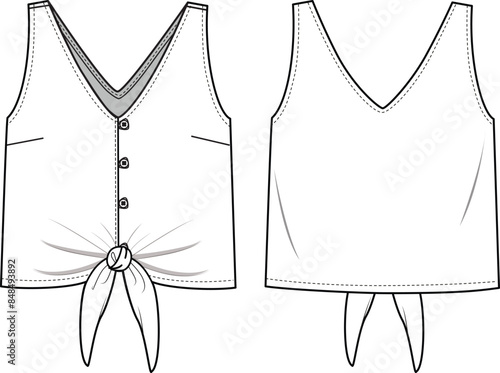 Women's Knot Hem, Button-up Sleeveless Shirt. Technical fashion illustration. Front and back, white color. Women's CAD mock-up.