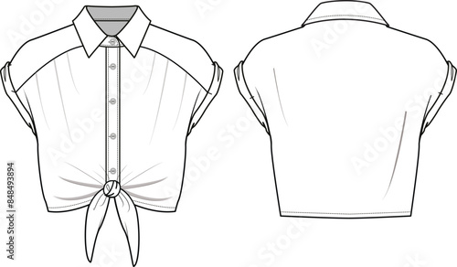 Women's Bow-Detail Cropped Shirt- Technical fashion illustration. Front and back, white color. Women's CAD mock-up.