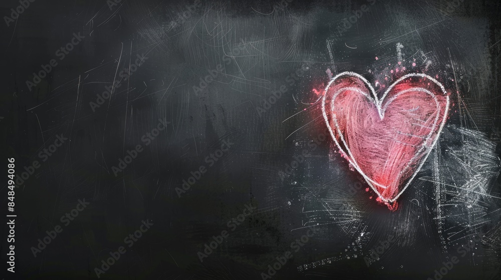 Chalk-drawn pink heart on a rustic blackboard. Concept of love, romance, affection, creativity. Copy space Chalk-drawn pink heart on a rustic blackboard. Concept of love, romance, affection, creativity. Copy space