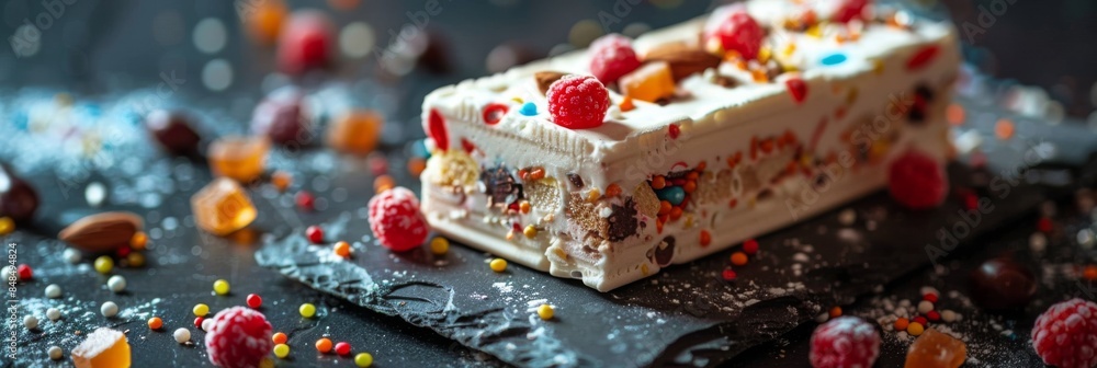 Close-up of nougat with nuts and candies on a dark surface. Food photography. Gourmet confectionery for menu and recipe. Banner with copy space