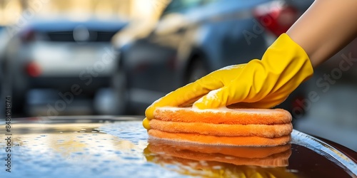 Closeup of hand in protective glove washing yellow car wheel with foam soap. Concept Car Detailing, Protective Gloves, Foam Soap, Yellow Wheel, Closeup Shot photo