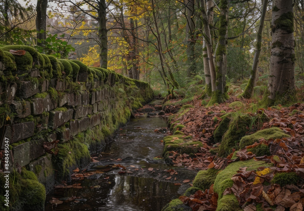 A small stream in the woods of Scotland, covered with moss and leaves in autumn colors. Trees line both sides, with a stone wall along one side. A small stream in the woods of Scotland, covered with moss and leaves in autumn colors. Trees line both sides, with a stone wall along one side.