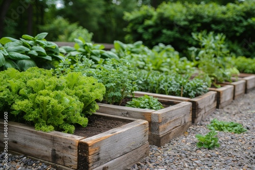 Wooden Raised Garden Beds Filled With Lush Green Vegetables
