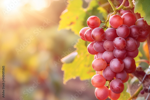 Close-up of a bunch of ripe red grapes in the countryside at sunset. Grapes hanging on a vine against the backdrop of a vineyard in clear sunny weather