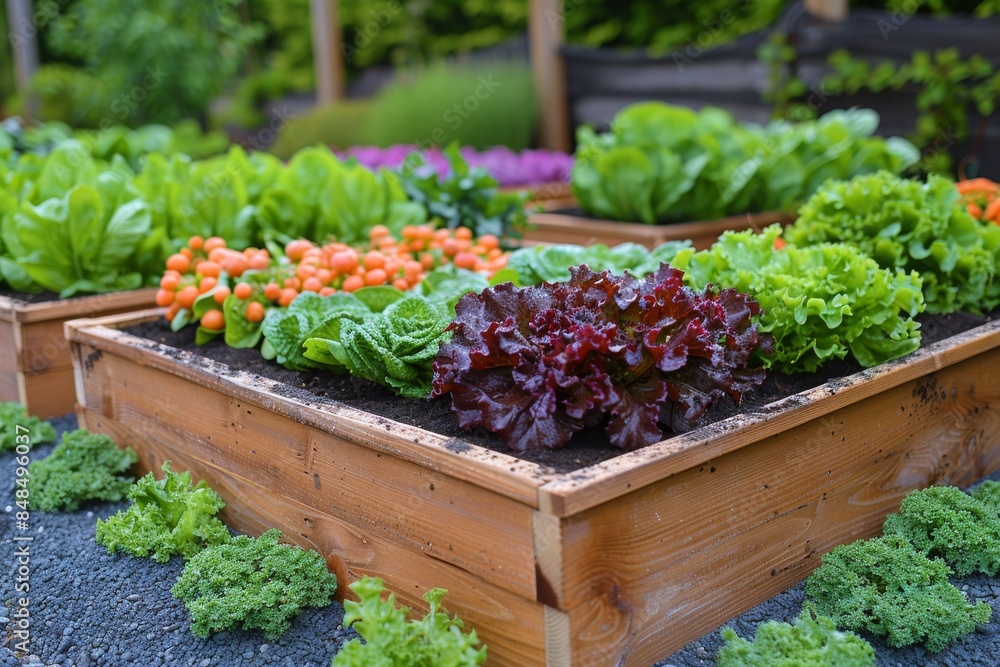 Freshly Planted Vegetables In Raised Garden Beds On A Summer Day Freshly Planted Vegetables In Raised Garden Beds On A Summer Day