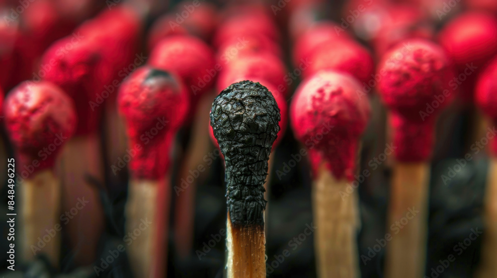 Burnt matchstick amidst fresh matches. Themes of individuality and uniqueness, diversity, equity, inclusion, and belonging, standing out and mental health. Burnt matchstick amidst fresh matches. Themes of individuality and uniqueness, diversity, equity, inclusion, and belonging, standing out and mental health.
