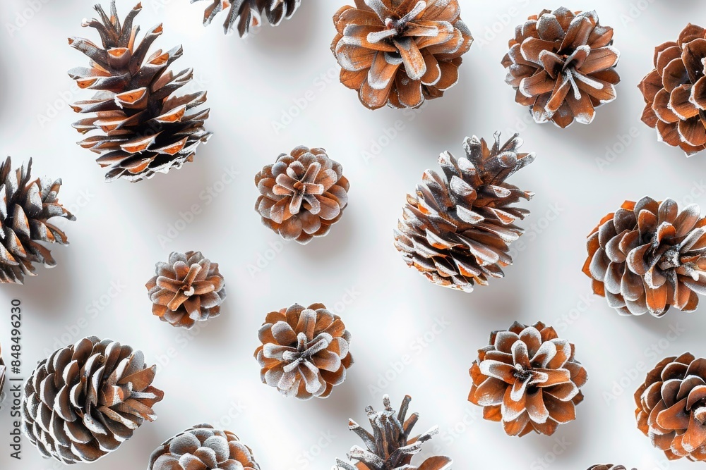 Brown Pine Cones Arranged on White Background Brown Pine Cones Arranged on White Background