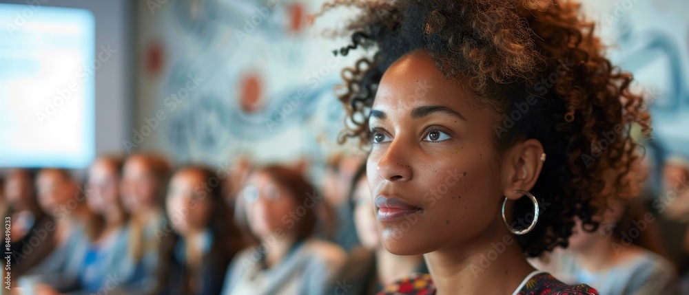 Focused woman attending a seminar in an auditorium with a group of people blurred in the background. Focused woman attending a seminar in an auditorium with a group of people blurred in the background.