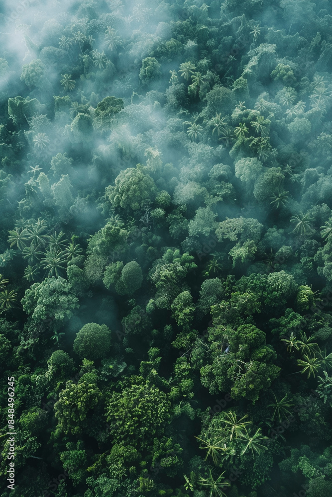 Aerial Drone Photo of Lush Green Tropical Forest in mist - Top View Aerial Drone Photo of Lush Green Tropical Forest in mist - Top View