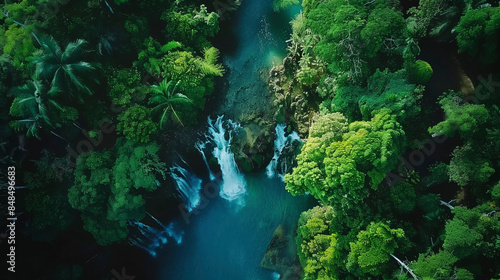 Drone Photo of Dense Tropical Jungle with Sunlit Cascading Waterfalls