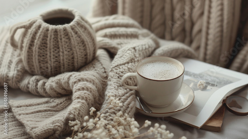 warm knitted sweater and coffee warming on a cool autumn day