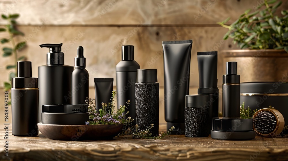 Black Skincare Products On Wooden Table Black Skincare Products On Wooden Table