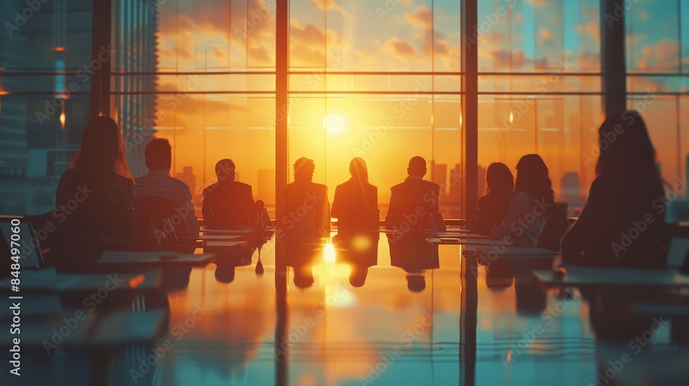 Business meeting in a modern office with a sunset view, silhouetted people discussing and collaborating with a scenic city backdrop. Business meeting in a modern office with a sunset view, silhouetted people discussing and collaborating with a scenic city backdrop.
