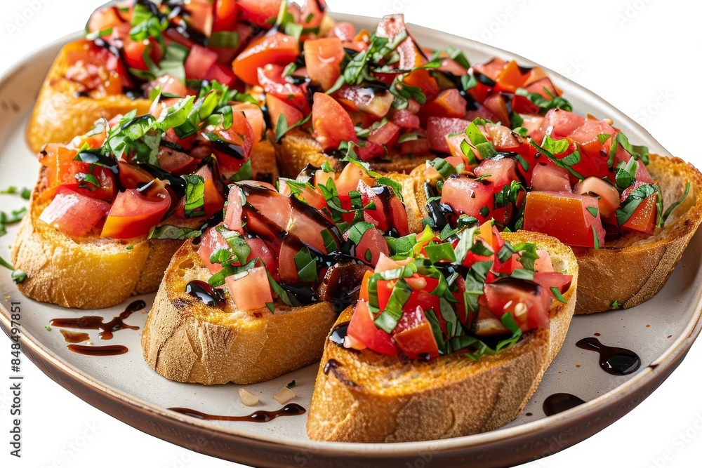 A platter of bruschetta with toasted baguette slices topped with fresh tomatoes, white background A platter of bruschetta with toasted baguette slices topped with fresh tomatoes, white background