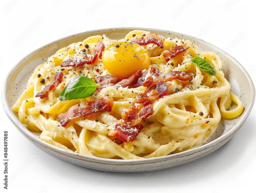 A serving of carbonara featuring fettuccine noodles, white background A serving of carbonara featuring fettuccine noodles, white background