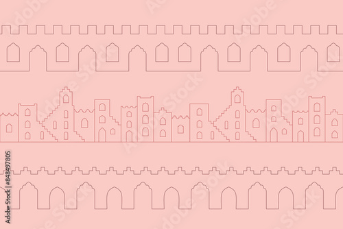 Outline oriental moroccan seamless border. Vector arabic arches, city landscape, windows