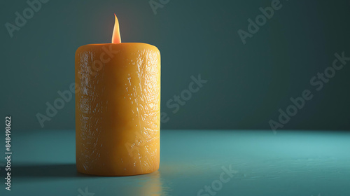A beautiful lit candle on a blue background. The candle is unscented and made of high-quality wax. photo