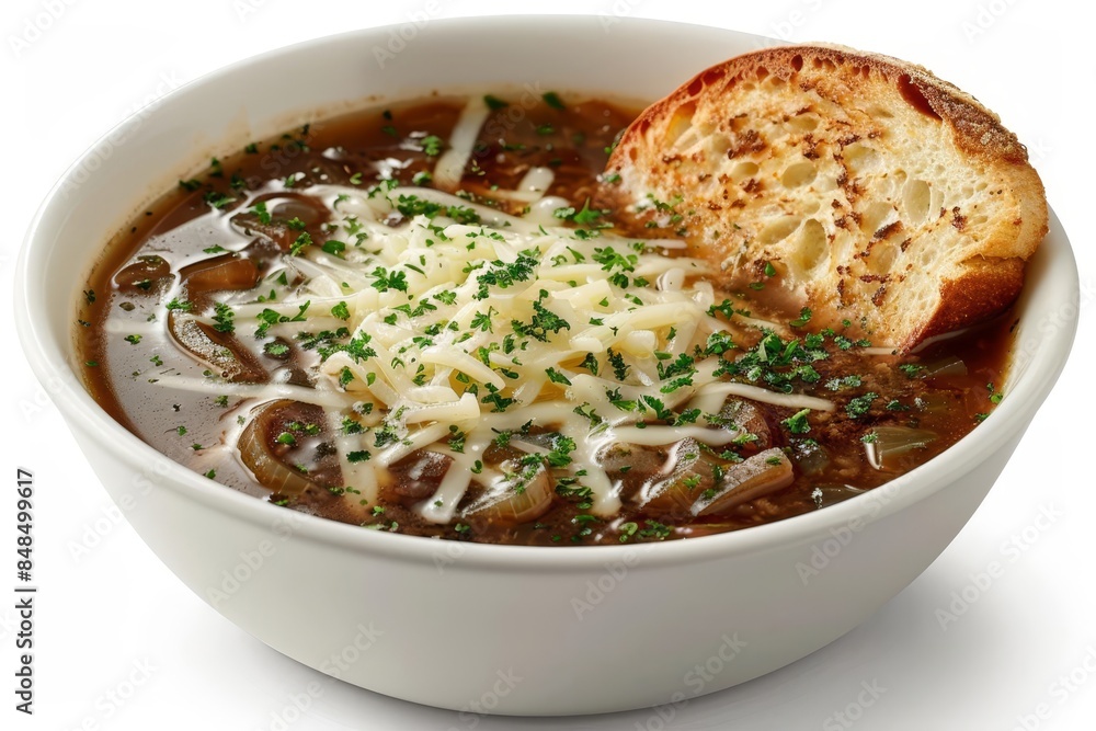 A bowl of French onion soup with caramelized onions in a rich beef broth, white background A bowl of French onion soup with caramelized onions in a rich beef broth, white background