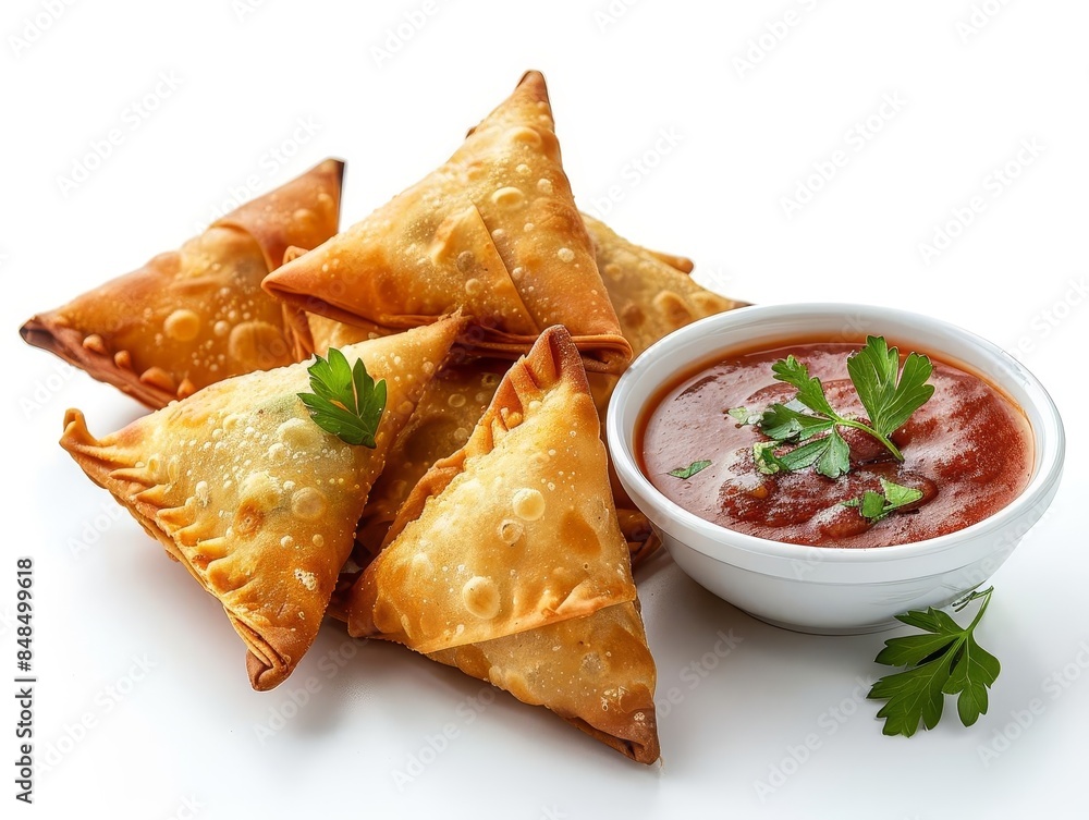Golden samosas with a bowl of spicy dipping sauce garnished with parsley on a white background, showcasing delicious snack options. Golden samosas with a bowl of spicy dipping sauce garnished with parsley on a white background, showcasing delicious snack options.