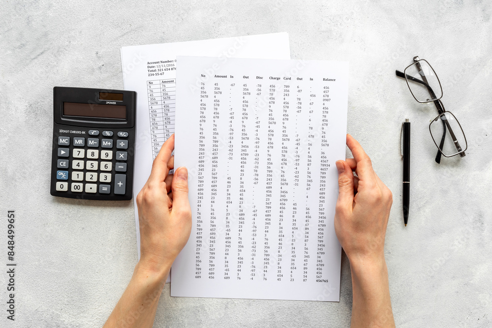 Naklejka premium Financial paperwork. Calculating commercial costs pay invoices bills