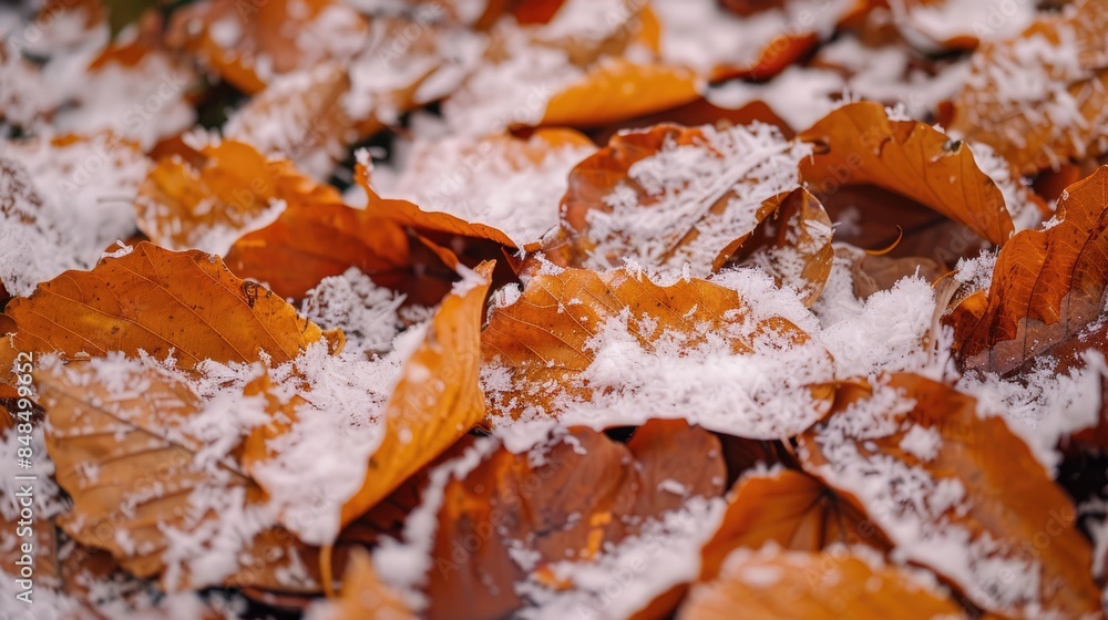 Fototapeta premium Close up view of snow covered winter leaves