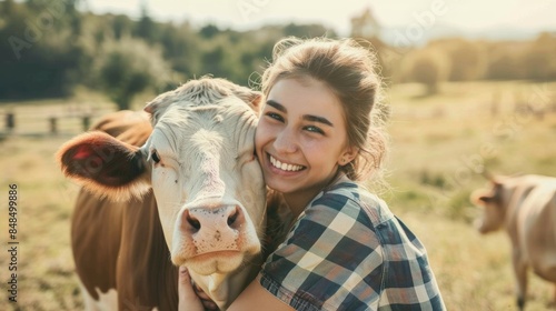 Portrait Farmer Happy young woman hugging cow, concept veterinary health care. Concept agriculture cattle livestock farming industry.