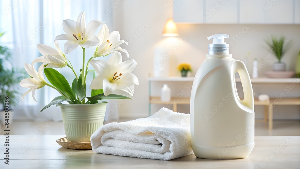 fabric softener stands on the table next to white lily flowers in the background of the bathroom fabric softener stands on the table next to white lily flowers in the background of the bathroom