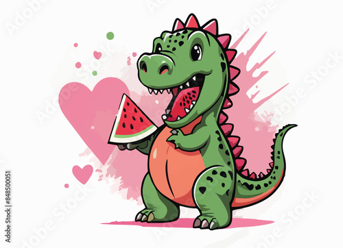 Vector drawing for children t-shirt.  Green cute baby dinosaur raptor with triangular piece of watermelon,   
heart isolated on white background.  Design for textile, paper, fabric,  clothing for kids