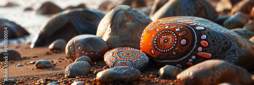 banner stones with colored ethnic pattern on seashore, marine theme for relaxation and travel photo