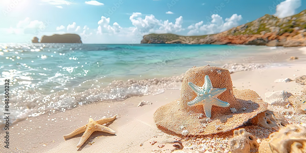 Summer sandy beach, straw hat, shells and starfish. Summer sea vacation and travel concept. Summertime, summer minimalistic background, sunny summer weather.