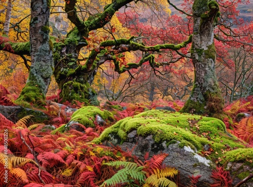 Wallpaper Mural A surreal autumn landscape with vibrant red and orange leaves, moss-covered rocks, and towering ferns in the Scottish Highlands. The colors of nature blend seamlessly creating an enchanting atmosphere Torontodigital.ca