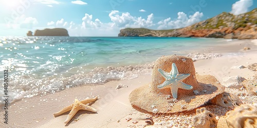Obraz na płótnie Summer sandy beach, straw hat, shells and starfish. Summer sea vacation and travel concept. Summertime, summer minimalistic background, sunny summer weather. w salonie