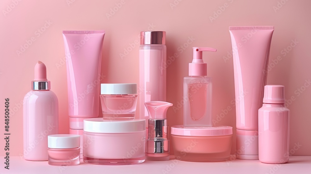 Pink Cosmetic Products on Pink Background Pink Cosmetic Products on Pink Background