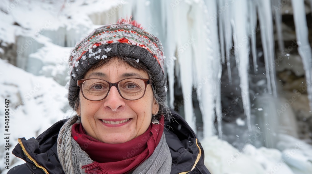 Woman in winter clothing smiling in front of snowy background with icicles Woman in winter clothing smiling in front of snowy background with icicles