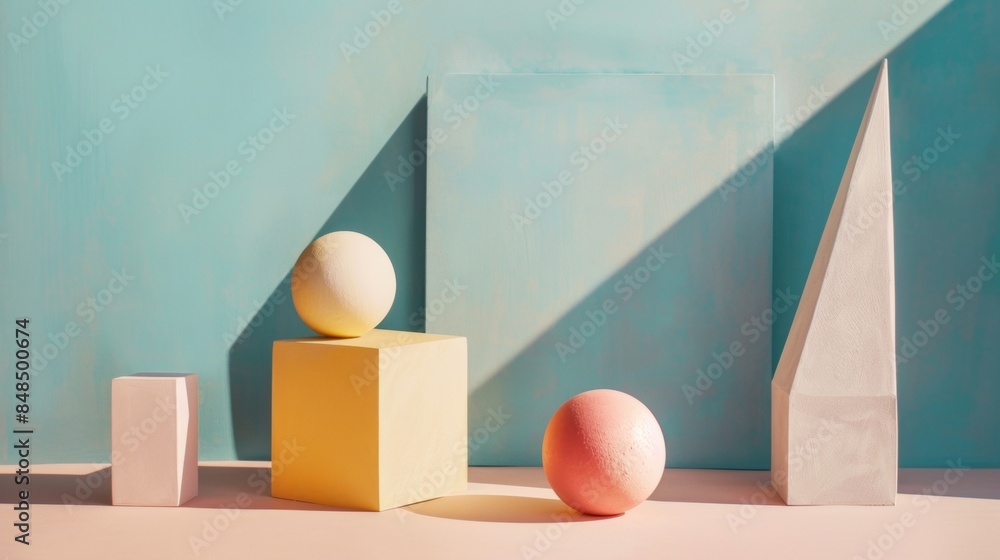 A blue wall with a yellow box and three round objects on it A blue wall with a yellow box and three round objects on it