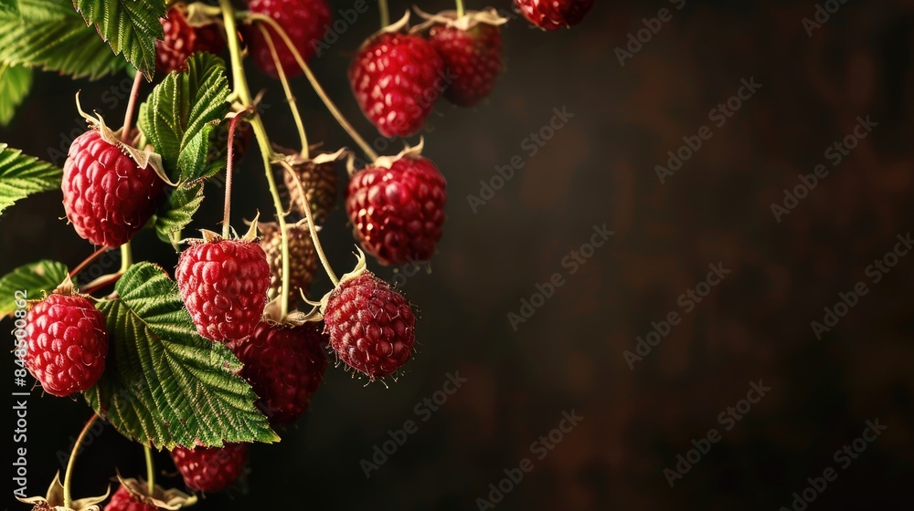Ripe raspberries hanging from a branch with empty space for text Ripe raspberries hanging from a branch with empty space for text