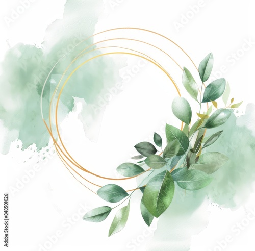 Watercolor sage green leaves and gold geometric frame border 