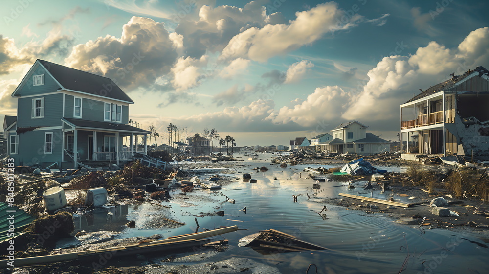A coastal community rebuilding after being devastated by a storm surge ...